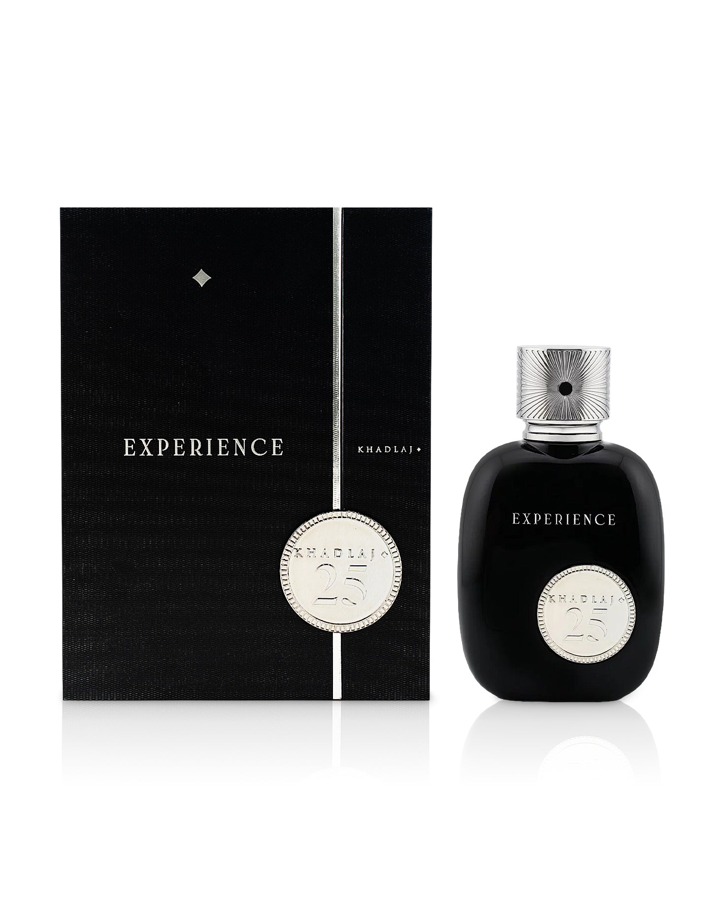 khadlaj 25 experience edp perfume bottle shows beside its box against white background