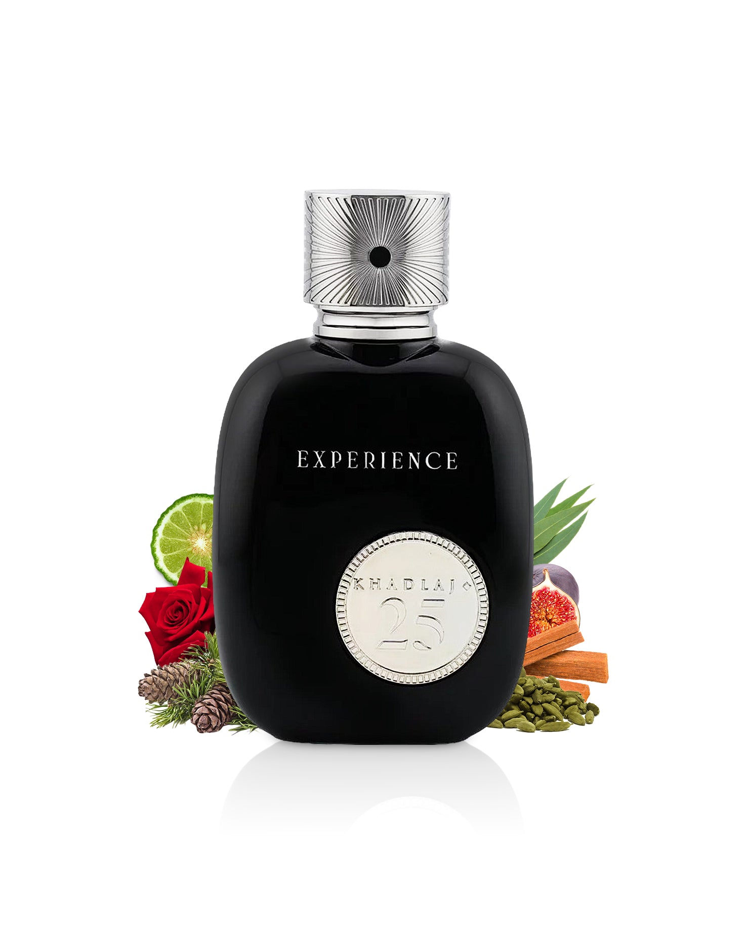 khadlaj 25 experience edp perfume bottle surrounded with its ingredients like cardamom and fig with many others shows from behind the bottle against white background