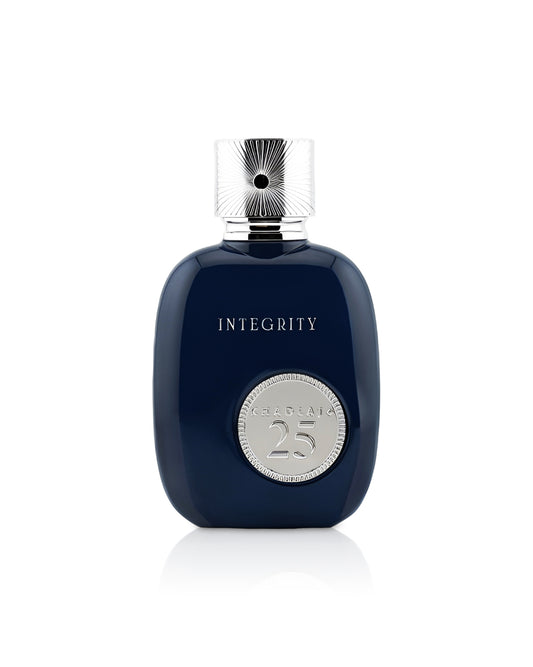KHADLAJ 25 integrity Navy blue perfume bottle with silver cap and 'Integrity' branding on a white background