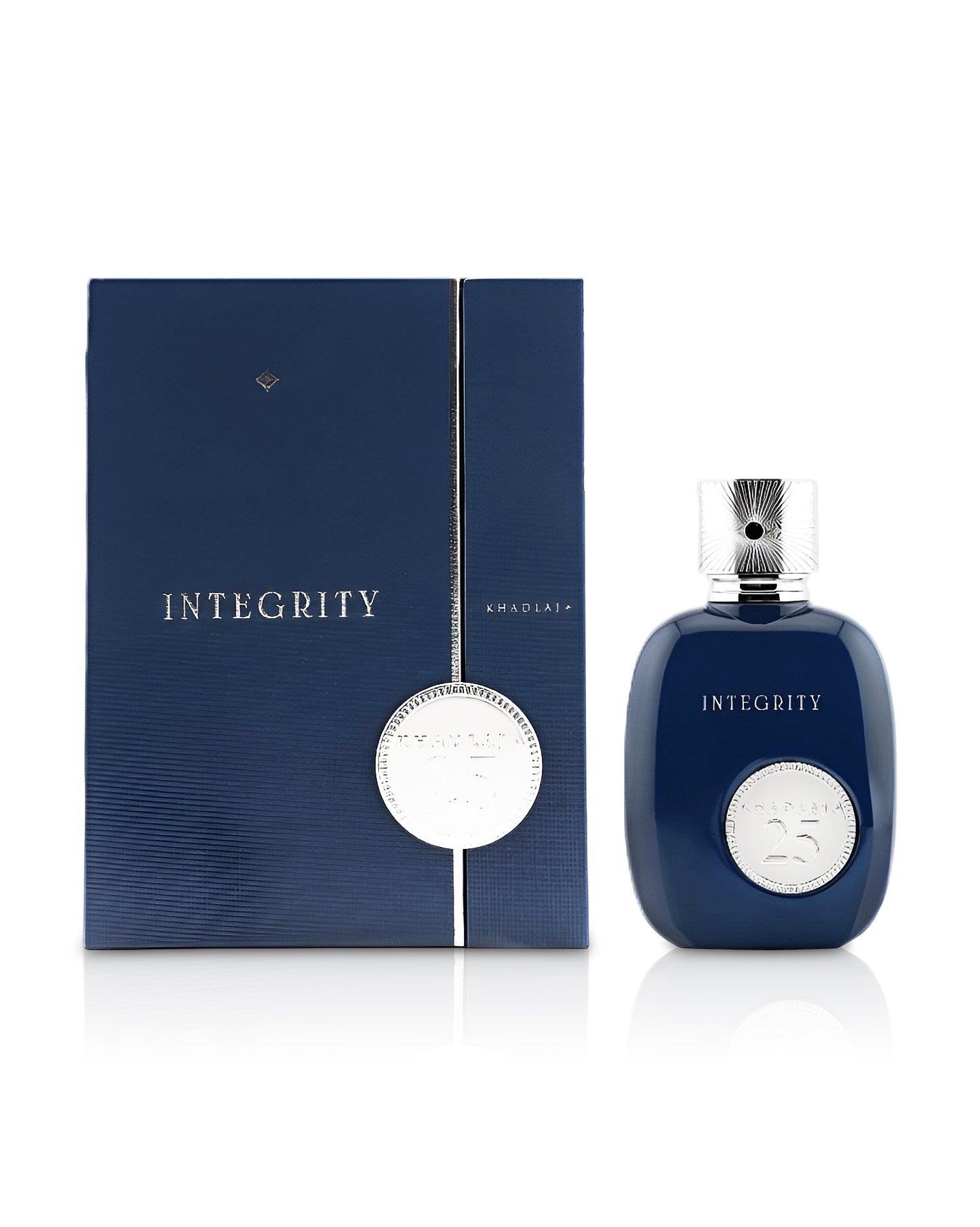 KHADLAJ 25 integrity Navy blue 'Integrity' perfume bottle and packaging on a white background