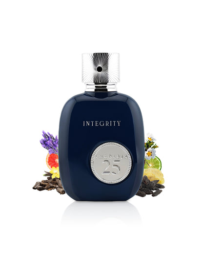 khadlaj 25 integrity perfume bottle surrounded with its ingredients like tonka beans and citrus shows from behind the bottle against white background