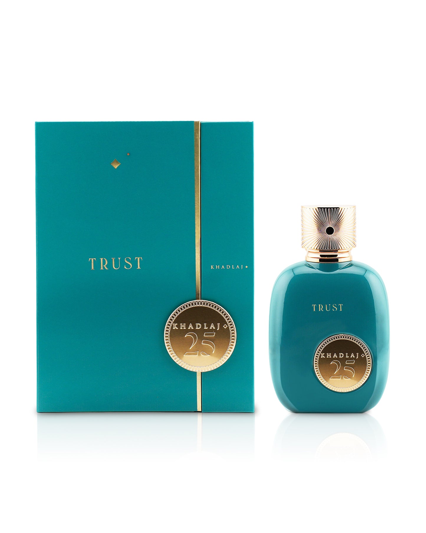 khadlaj 25 trust perfume botttle shows beside its box against white background