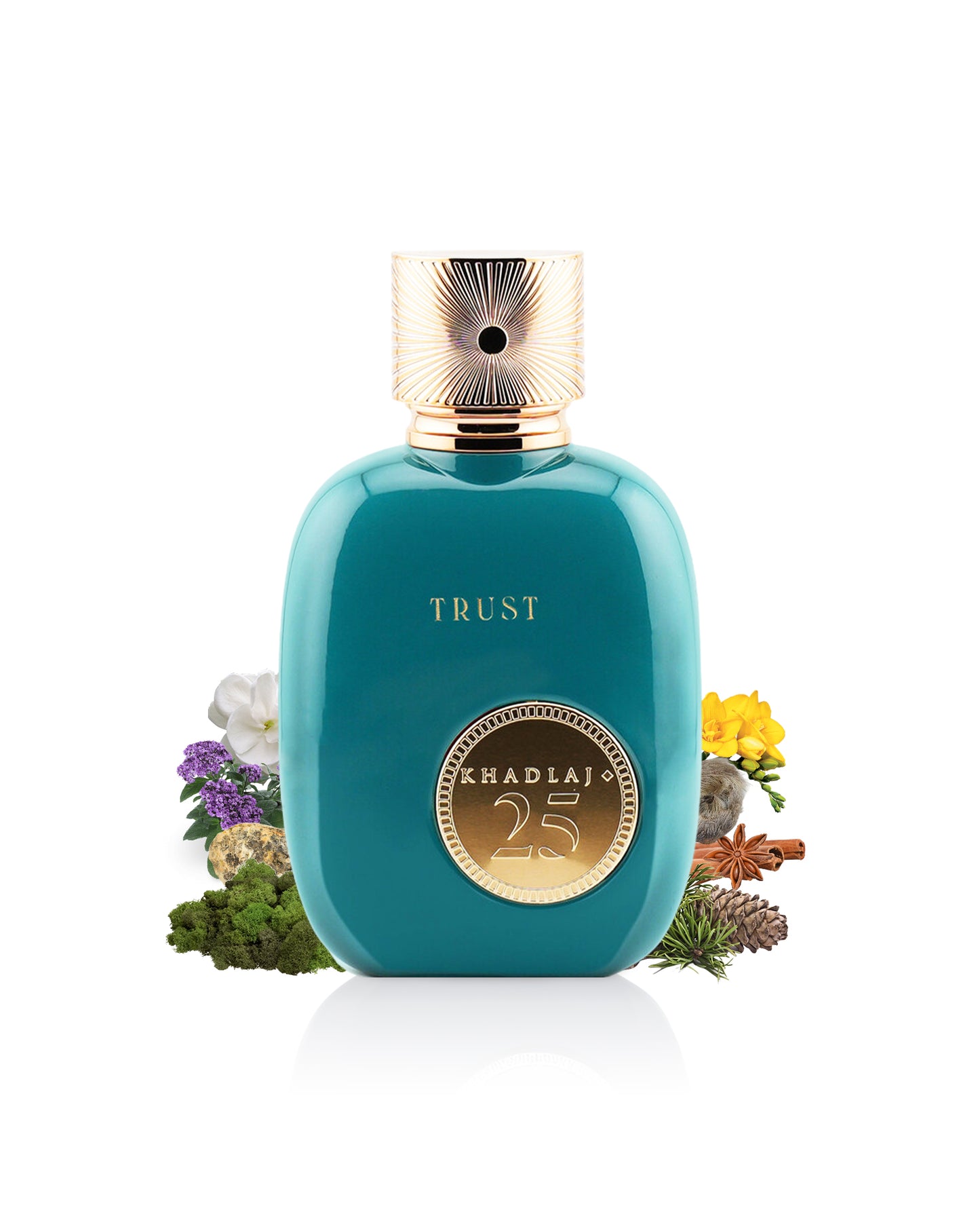 khadlaj 25 trust perfume botttle surrounded with its ingredients like ambergris and spices shows from behind the bottle against white background