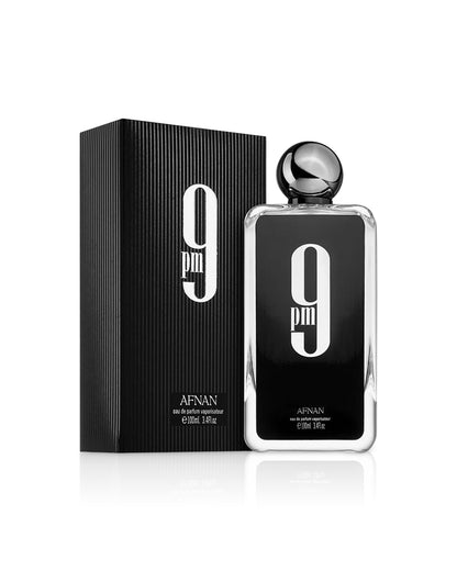 afnan 9pm perfume bottle shows beside its box against white background