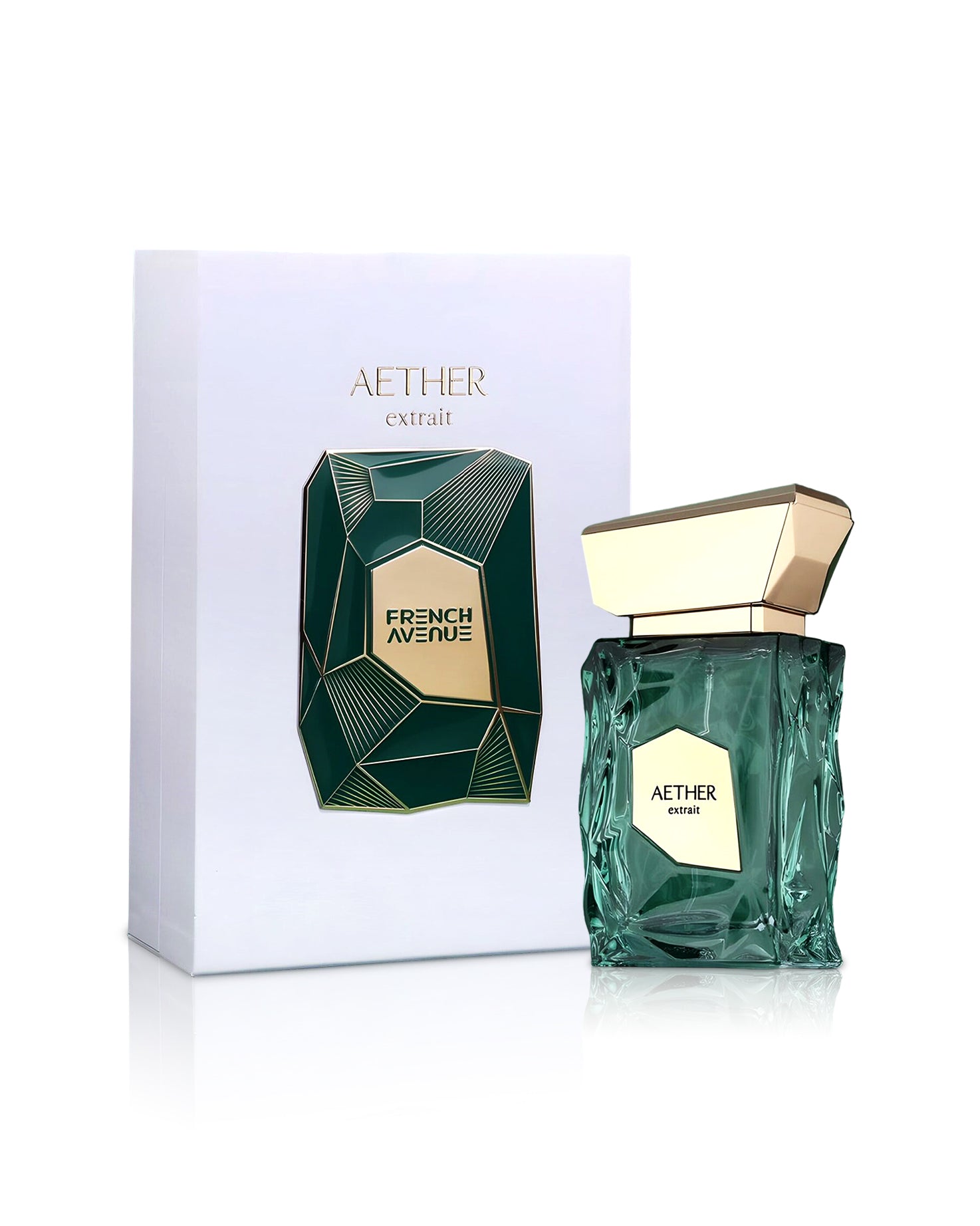 french avenue aether extrait de parfum bottle shows beside its box against white background