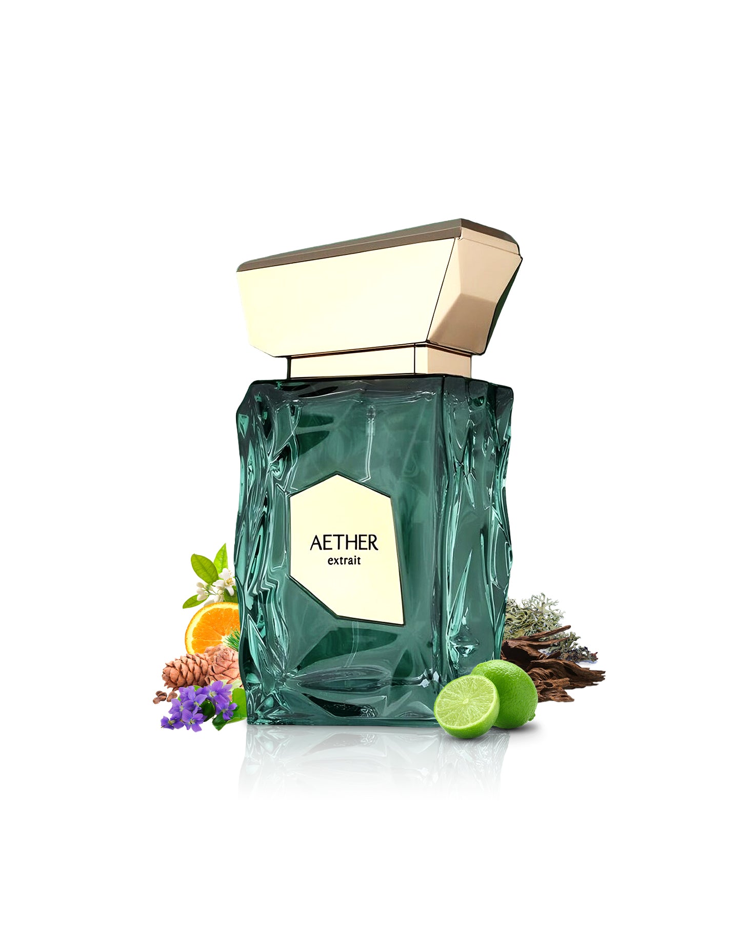 french avenue aether extrait de parfum bottle surrounded with its ingredients like citrus and violet with many others like oud and jasmine shows from behind the bottle against white background