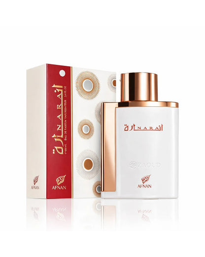 afnan inara white perfume bottle shows against its packaging against white background
