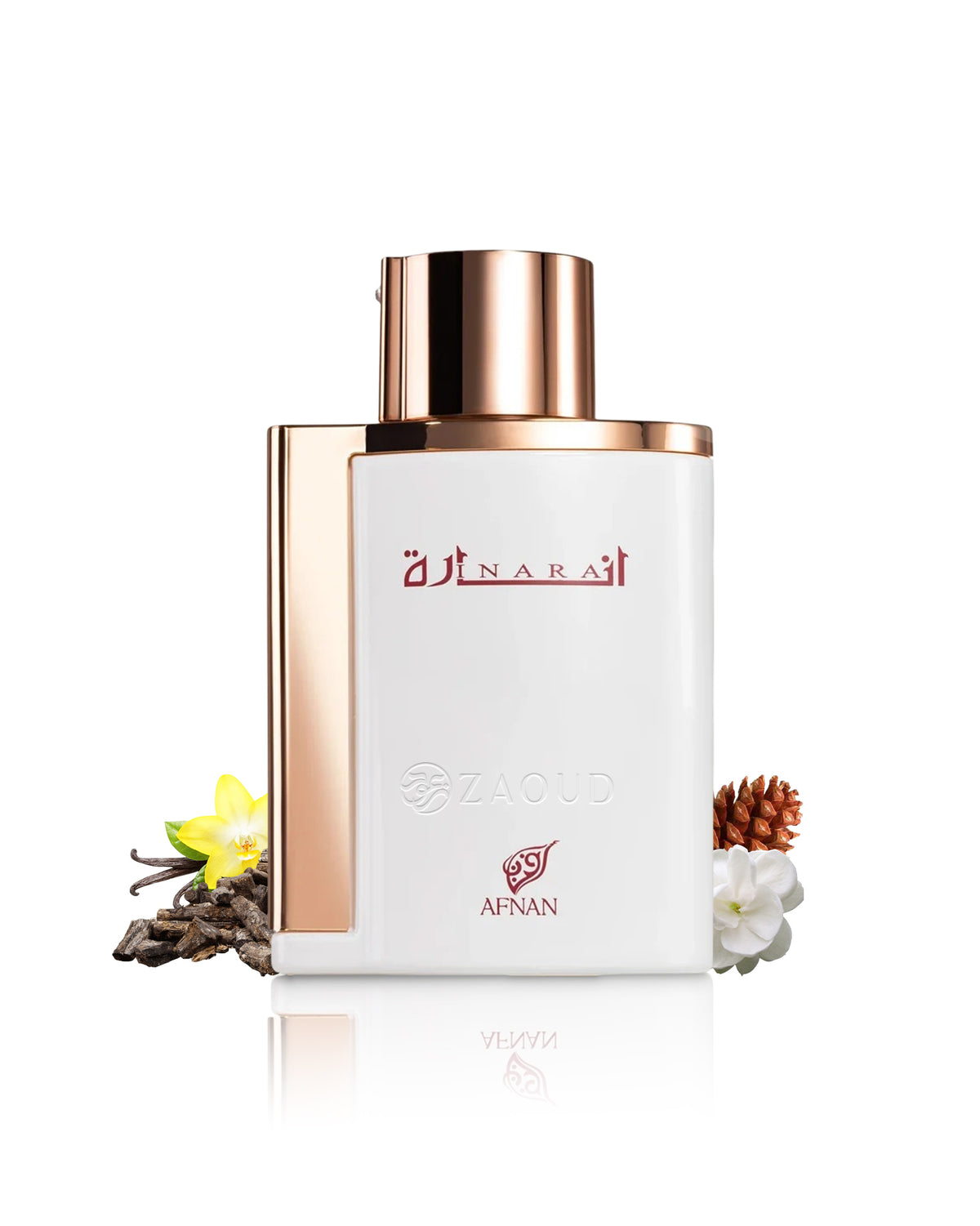 afnan inara white perfume bottle surrounded with fragrance notes like flowers and wood shows against white background