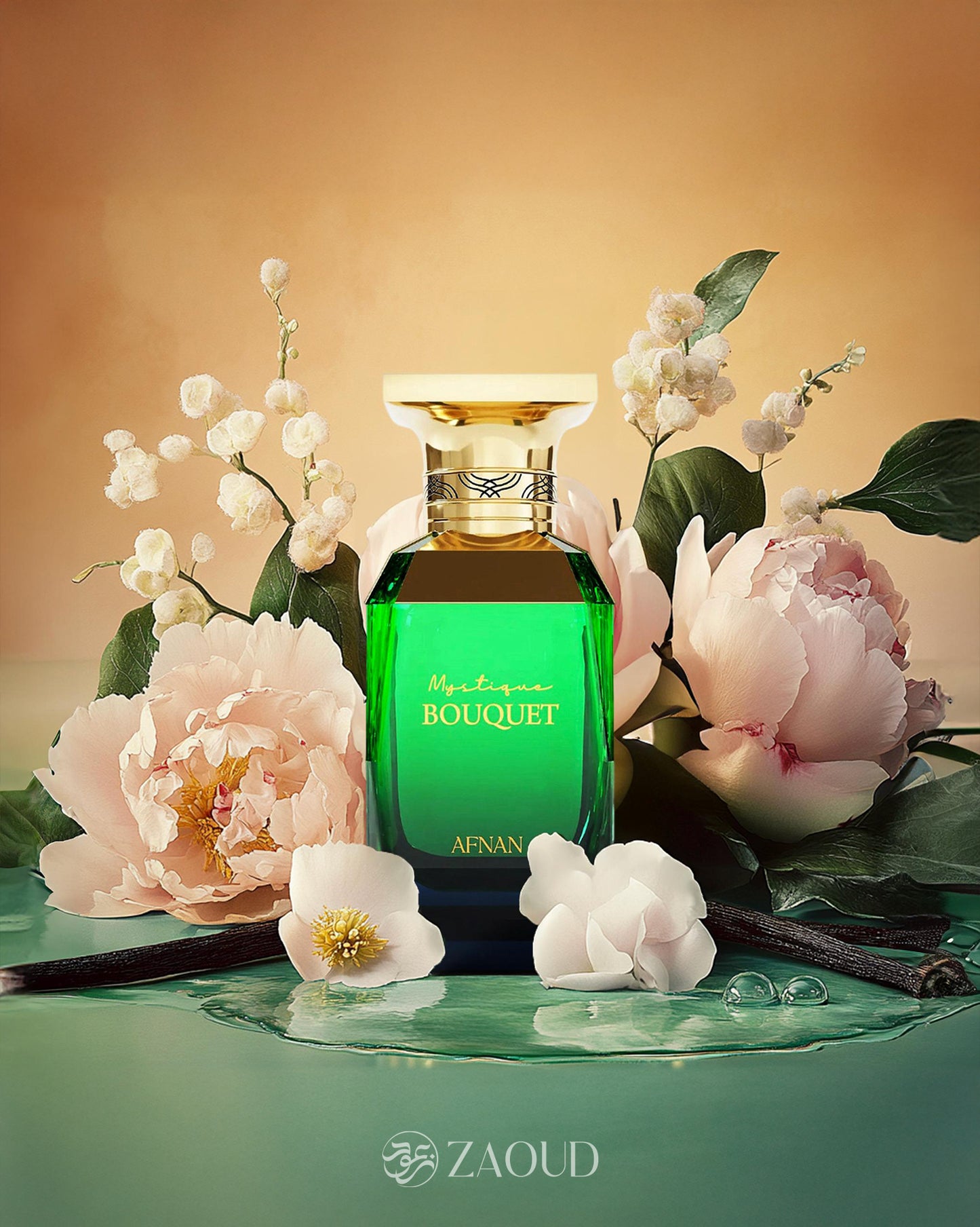 afnan mystique bouquet perfume bottle photograph over water surrounded with pink flowers against green and pink background.