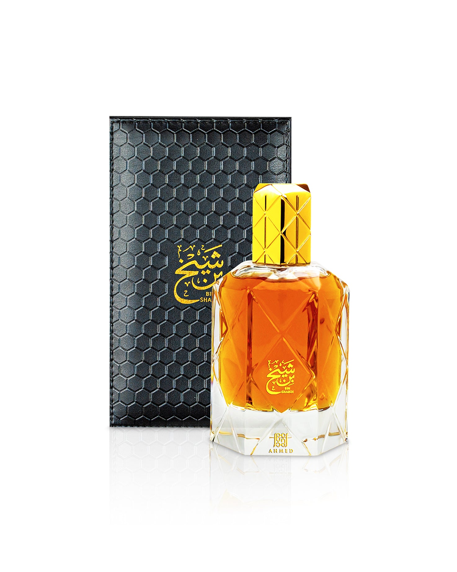 ahmed al maghribi bin shaikh perfume bottle shows beside its box  against white background