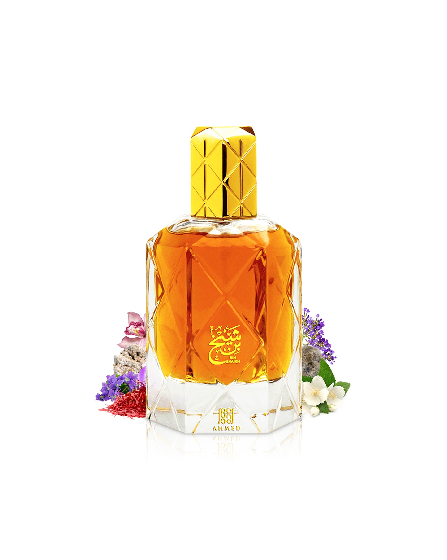 ahmed al maghribi bin shaikh perfume bottle surrounded with fragrance notes like saffron and jasmine shows from behind the bottle against white background