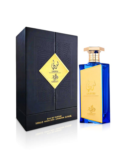 al wataniah lazuli perfume bottle shows beside its box against white background