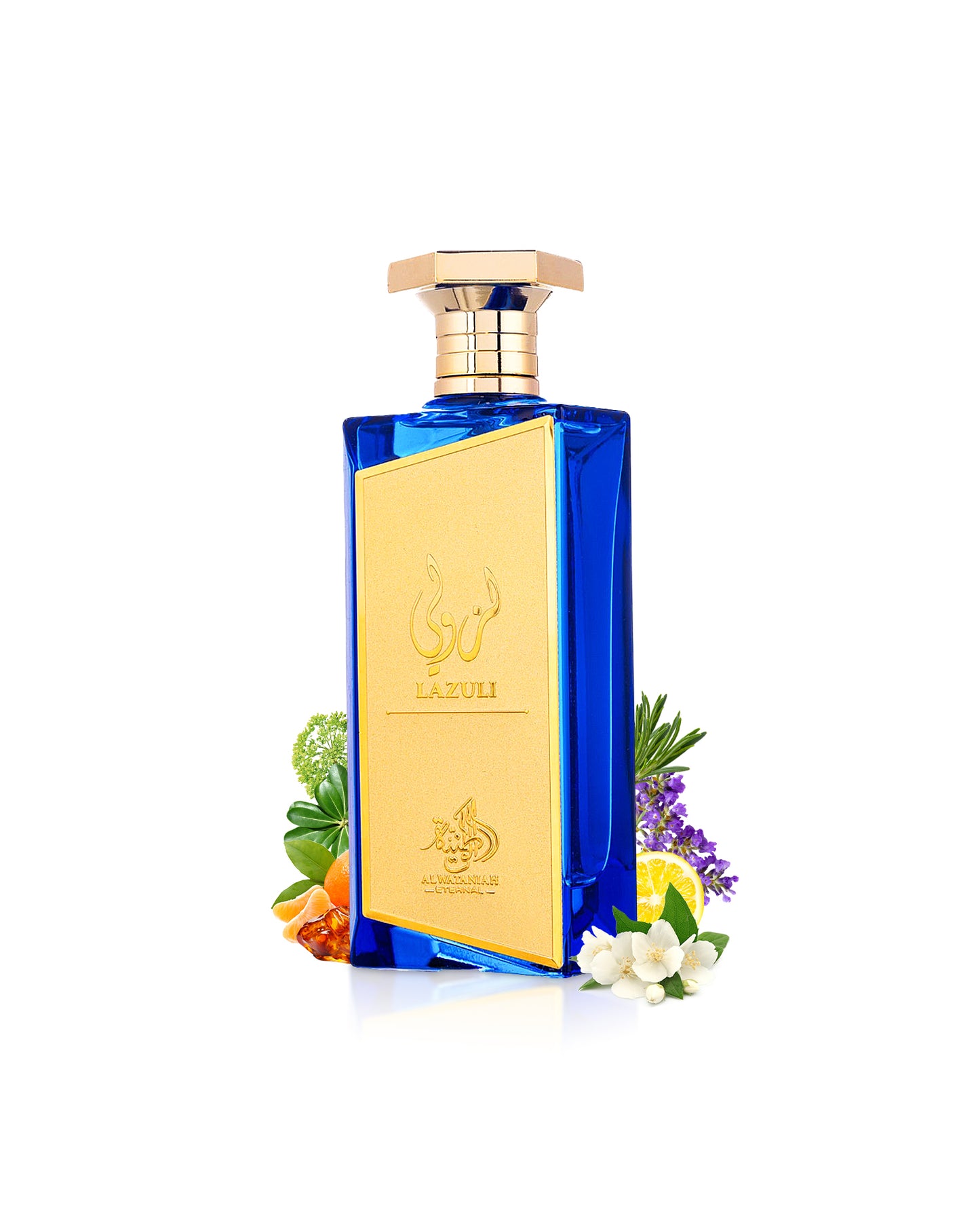 al wataniah lazuli perfume bottle surrounded with fragrance notes like amber and jasmine shows against white background