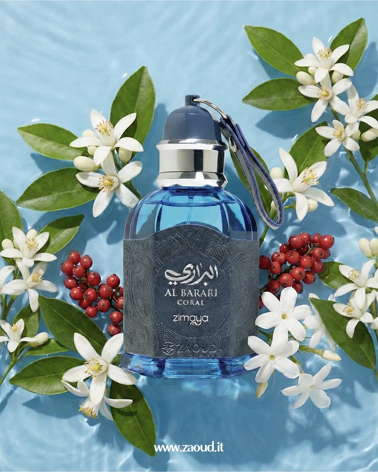 Blue perfume bottle with floral and berry elements on a blue background