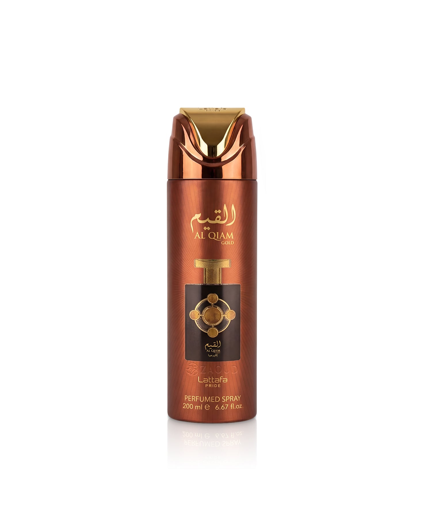 lattafa al qiam gold deodorant bottle shows against white background