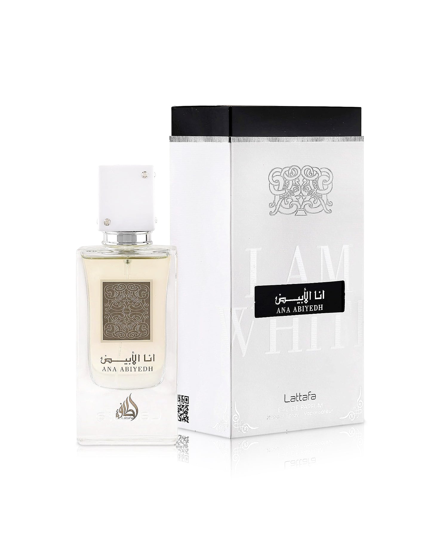 lattafa ana abiyedh perfume bottle shows beside its box against white background