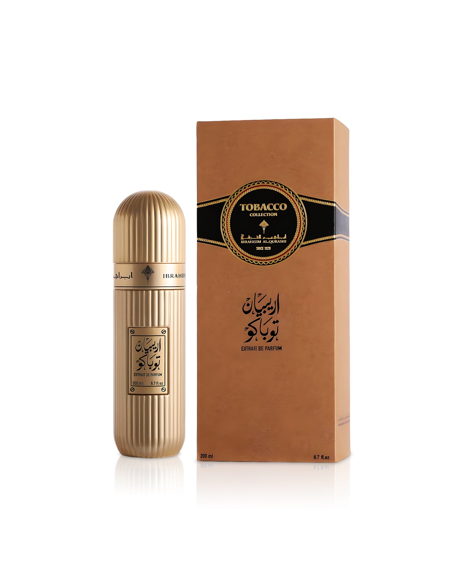 Ibrahim Al Qurashi Arabian Tobacco extrait de parfum bottle shows beside its box against white background