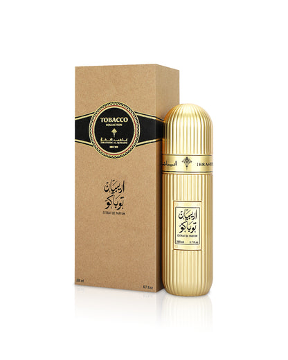 Ibrahim Al Qurashi Arabian Tobacco extrait de parfum bottle shows beside its box against white background