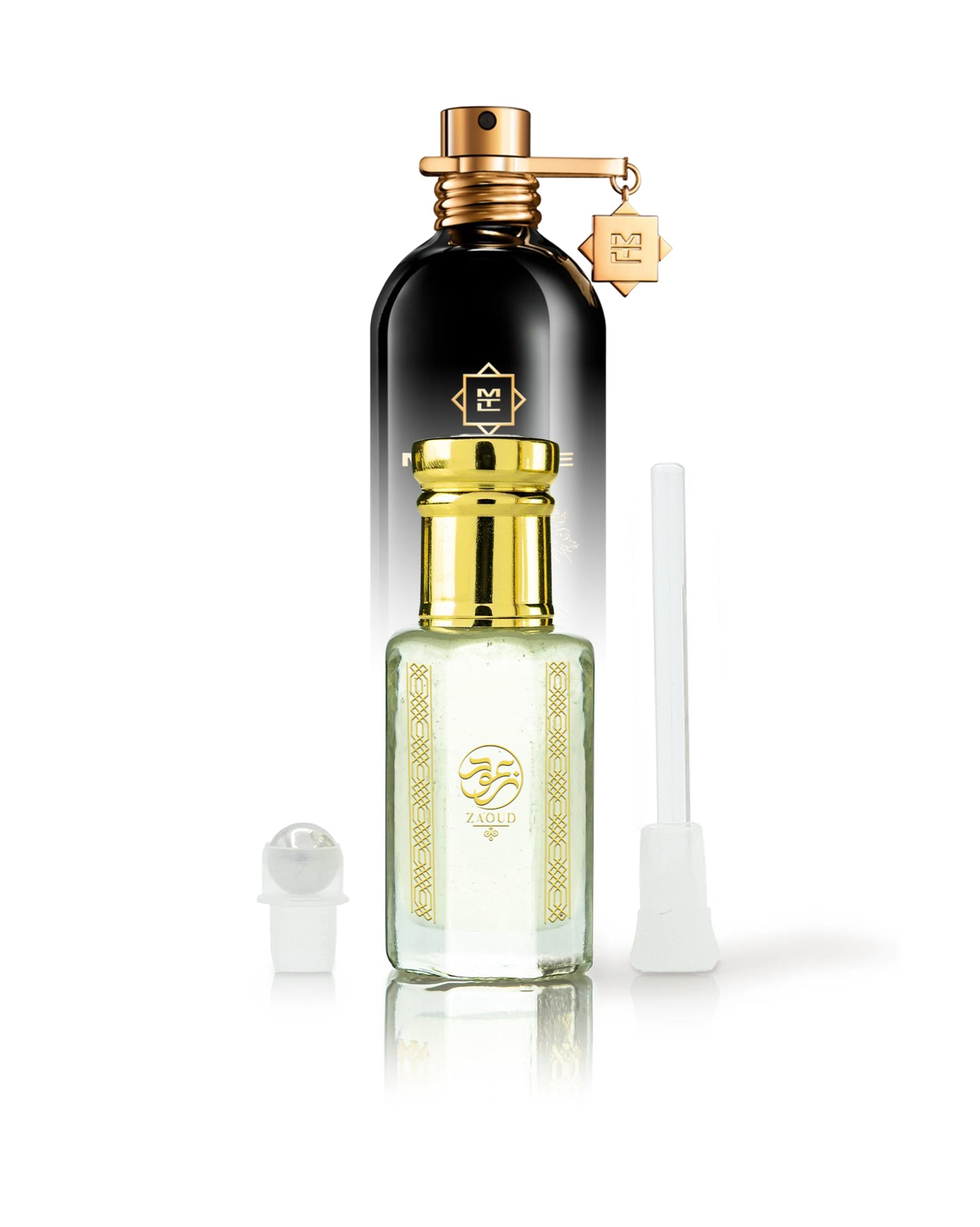 arabians tonka mirage perfume oil bottle beside its roller and stick with montale arabians tonka perfume bottle shows against white backgroun