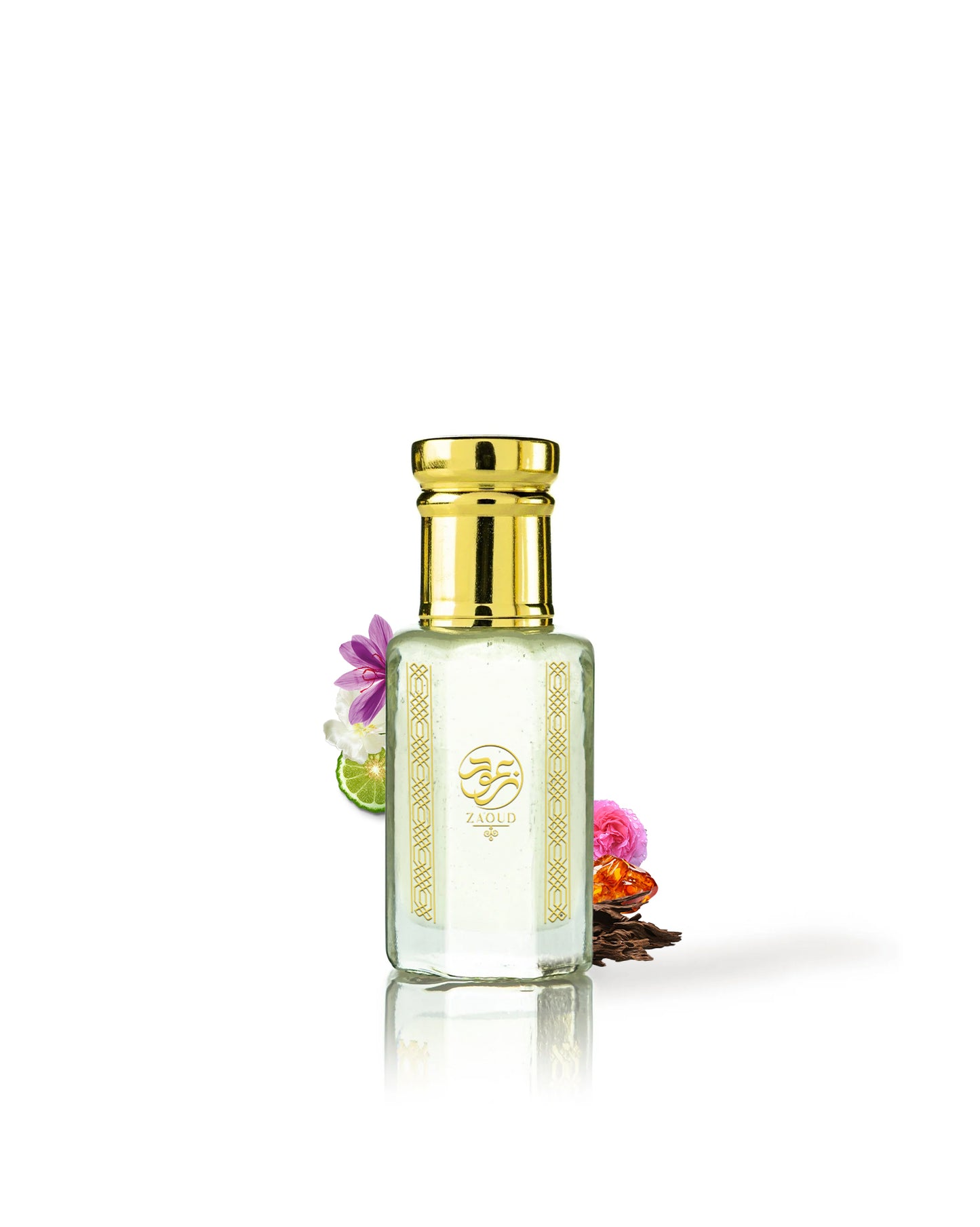 arabians tonka mirage perfume oil bottle surrounded with its ingredients like saffron and rose with many others like oud and amber shows from behind the bottle against white background