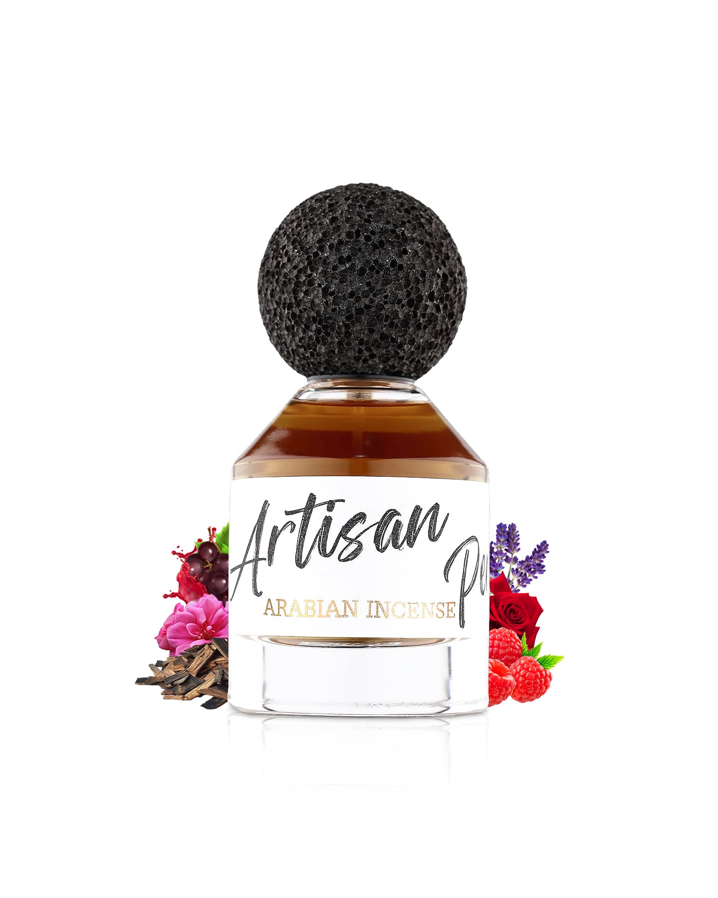 FRAGRANCE WORLD ARTISAN PERFUMERY ARABIAN INCENSE PERFUME BOTTLE SURROUNDED WITH ITS INGREDIENTS LIKE ROSE AND OUS WITH MANY OTHERS LIKE BERRIES SHOWS FROM BEHIND THE BOTTLE  AGAINST WHITE BACKGROUND