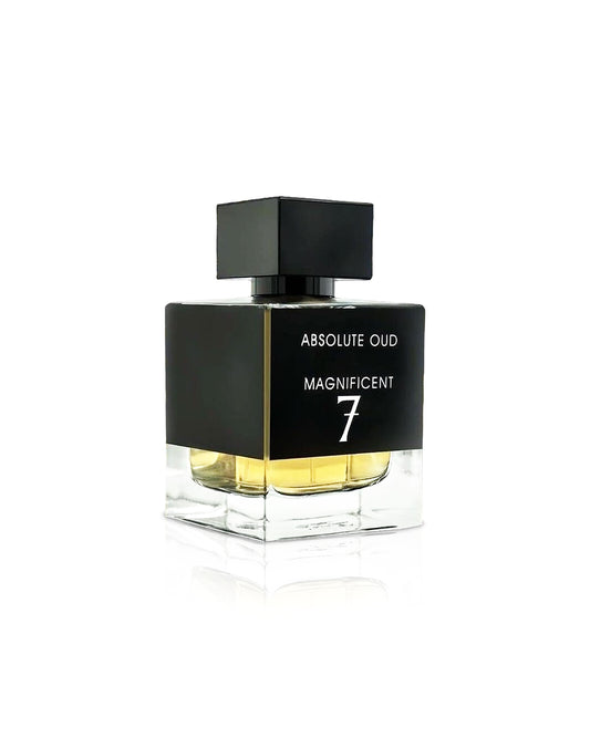 fragrance world Perfume bottle labeled 'Absolute Oud Magnificent 7' on a white background