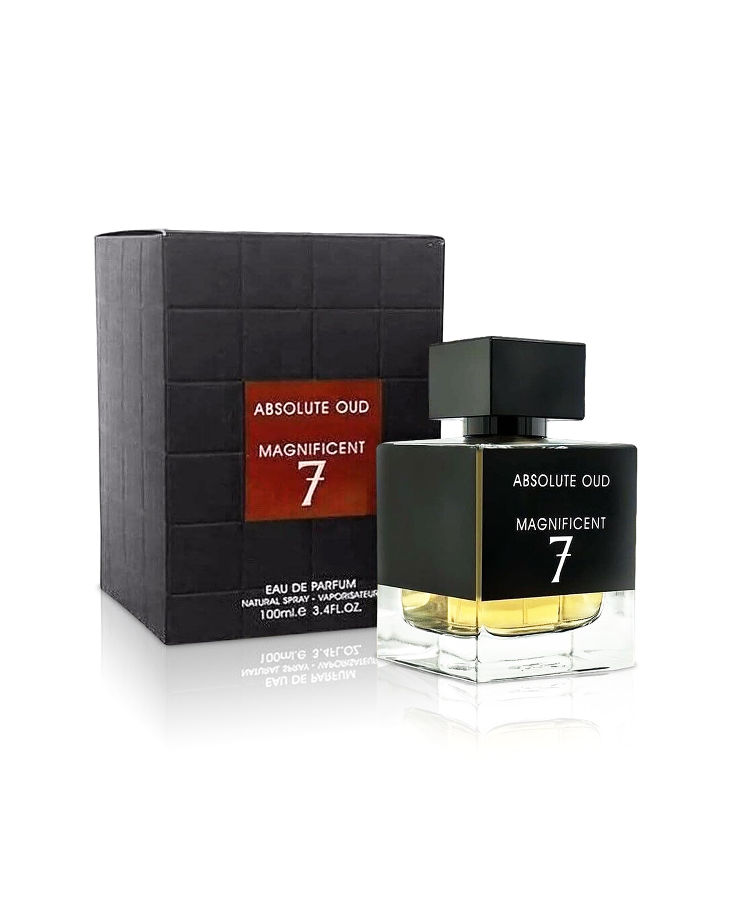 fragrance world absolute oud magnificent 7 perfume bottle shows beside its box against white background