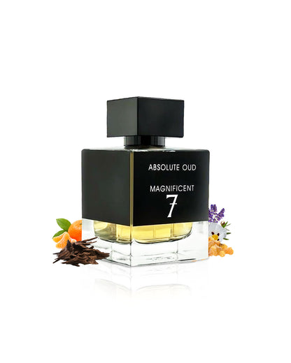 fragrance world absolute oud magnificent 7 perfume bottle surrounded with its fragrance notes like oud and orange shows from behind the bottle against white background