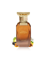 afnan delicious bouquet perfume bottle surrounded with fragrance notes like honey and caramel shows from behind the bottle against white background