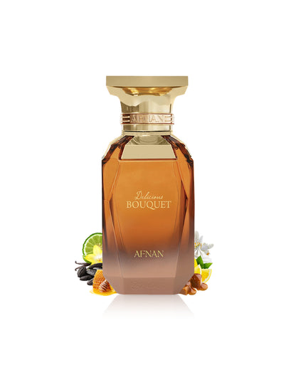 afnan delicious bouquet perfume bottle surrounded with fragrance notes like honey and caramel shows from behind the bottle against white background
