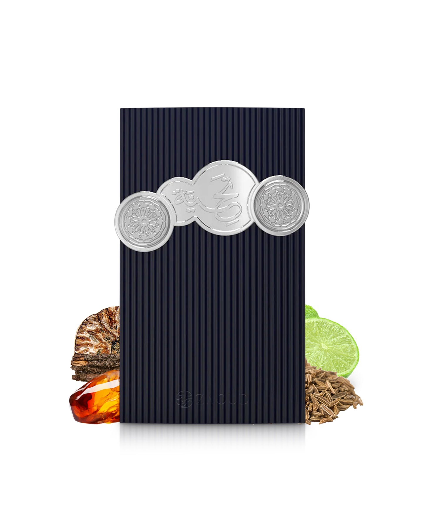 Afnan tribute blue perfume bottle surrounded by fragrance notes like cumin and amber shows against white background