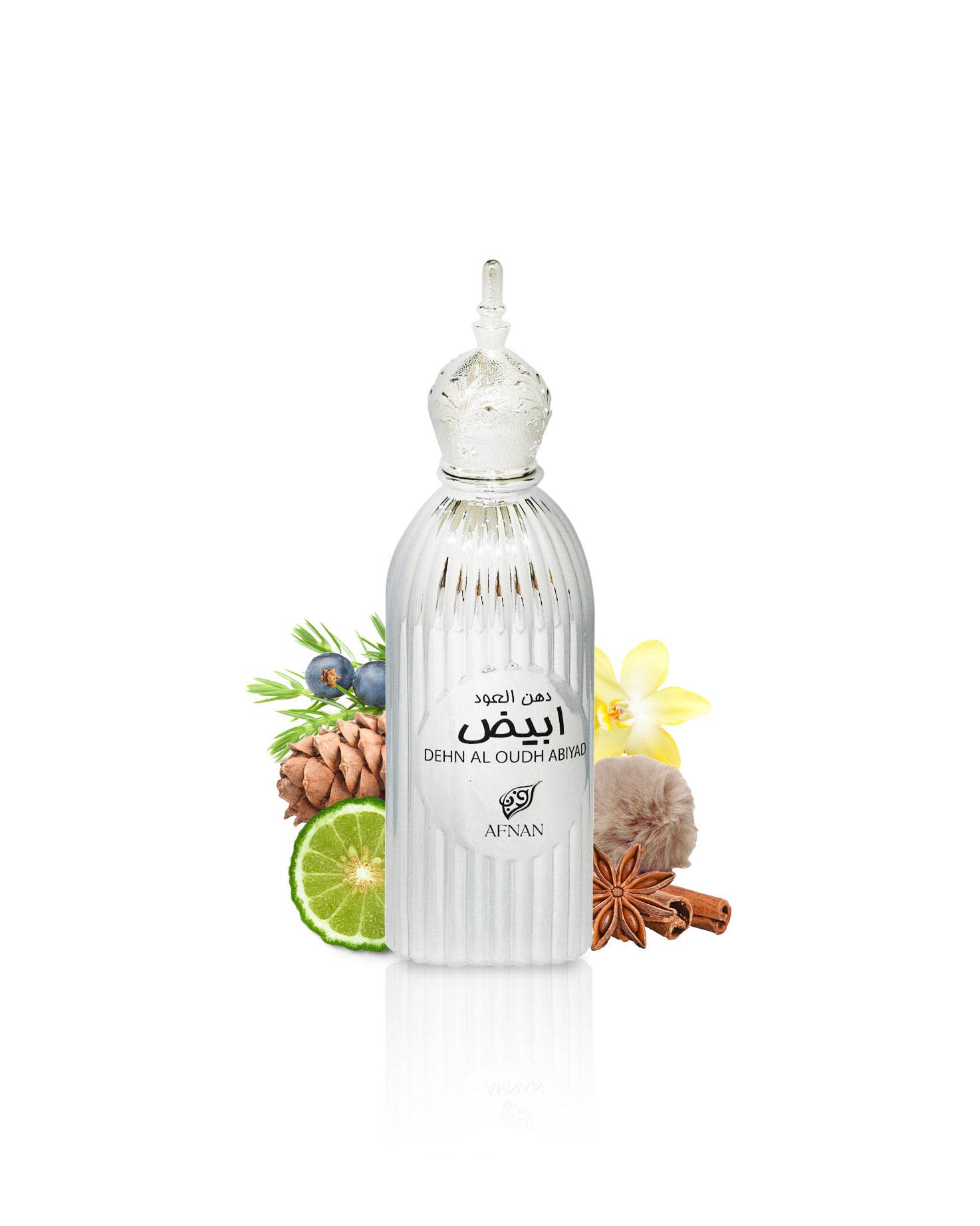 Afnan Dehn Al Oudh Abiyad perfume bottle surrounded by vanilla citrus against white background
