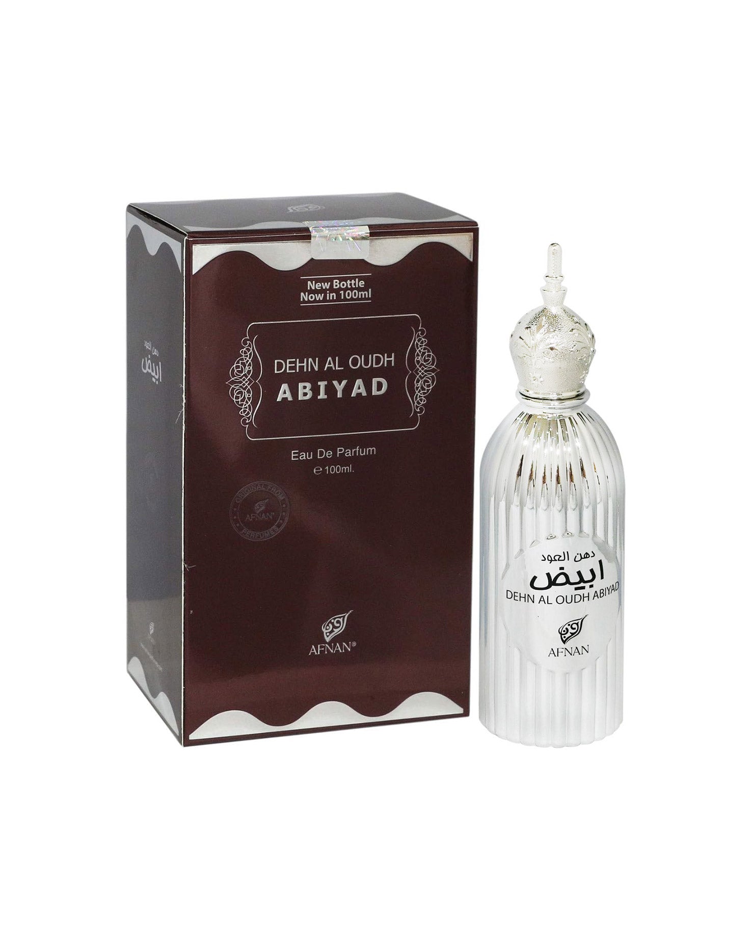 Afnan Dehn Al Oudh Abiyad perfume bottle with box against white background