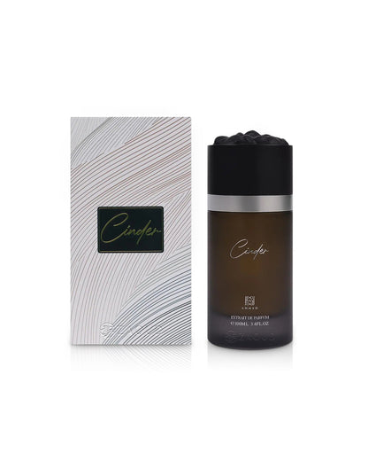 Ahmed al maghribi cinder perfume bottle beside box shows against white background
