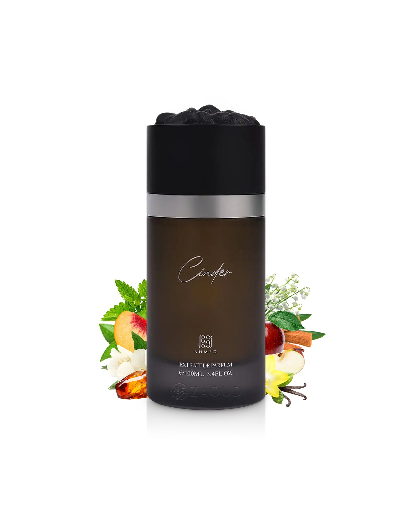 Ahmed al maghribi cinder perfume bottle surrounded by fragrance notes like amber and vanilla  shows against white background