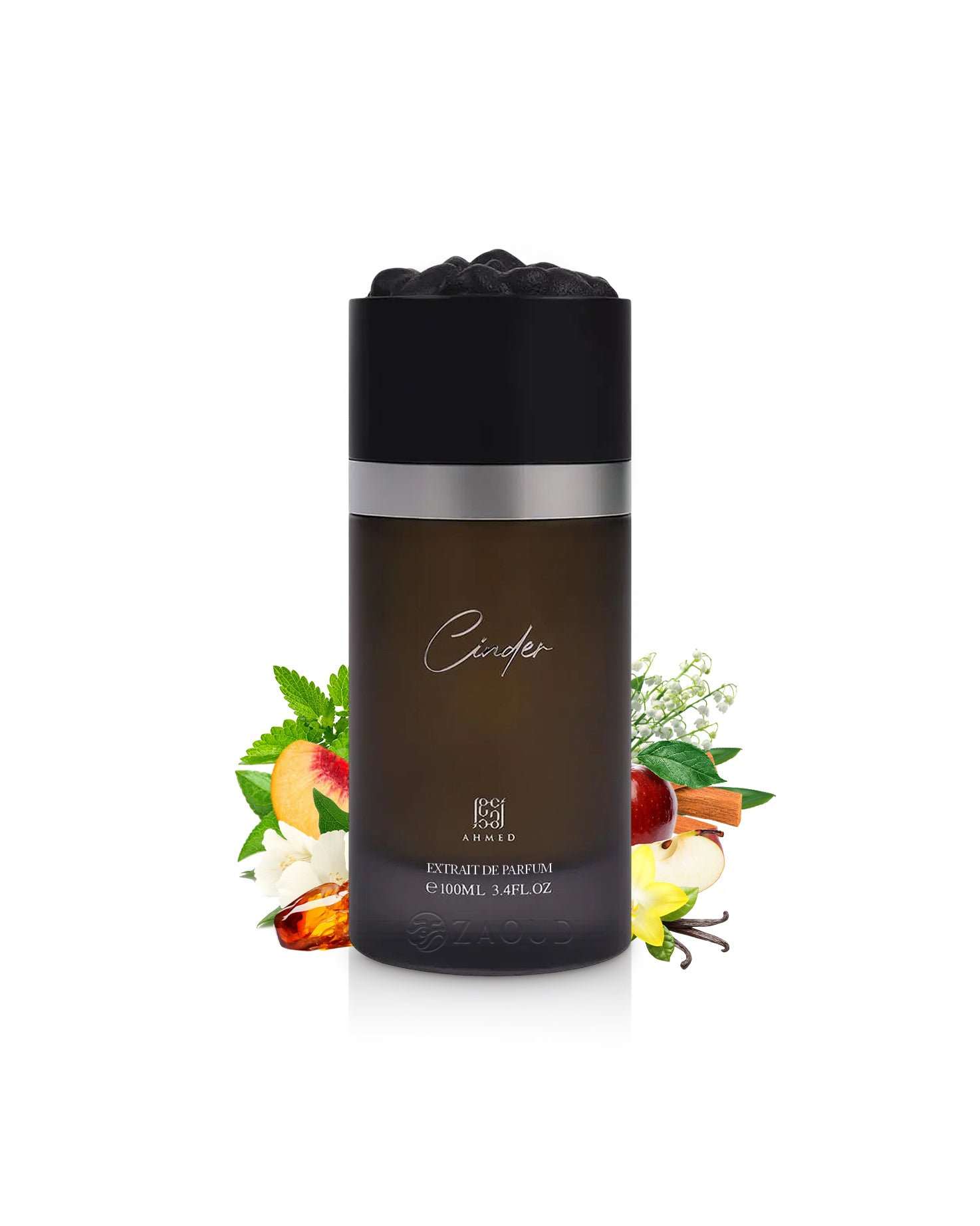 Ahmed al maghribi cinder perfume bottle surrounded by fragrance notes like amber and vanilla  shows against white background