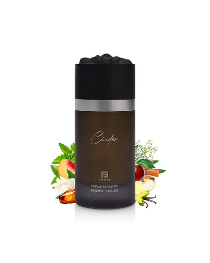 Ahmed al maghribi cinder perfume bottle surrounded by fragrance notes like amber and vanilla  shows against white background