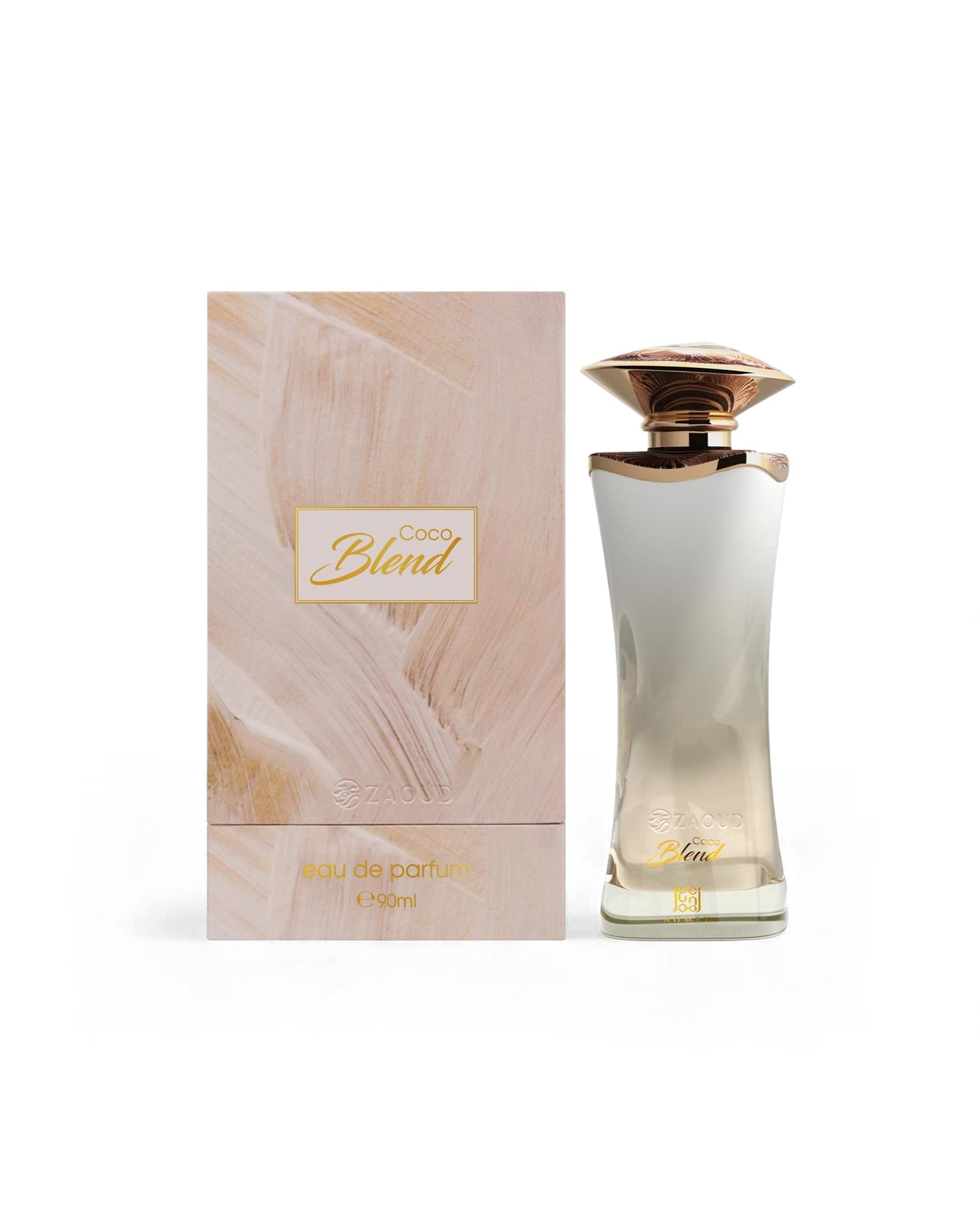 ahmed al maghribi coco blend perfume bottle and packaging on a white background