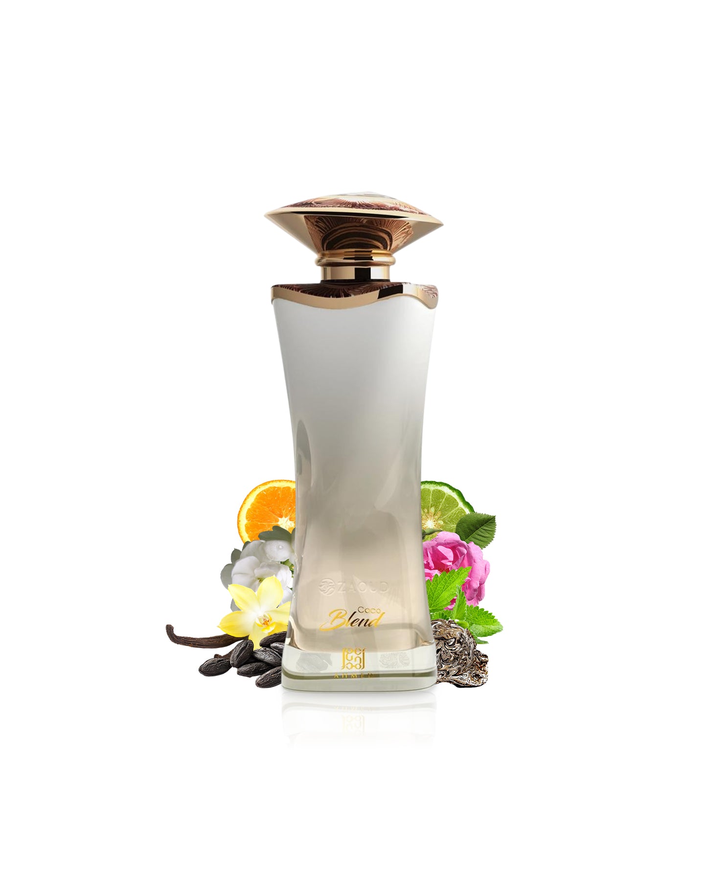 ahmed al maghribi coco blend Perfume bottle with floral and fruit elements on a white background