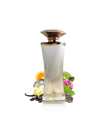 ahmed al maghribi coco blend Perfume bottle with floral and fruit elements on a white background