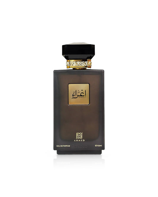 ahmed al maghribi ighraa Perfume bottle with gold cap and label on a white background