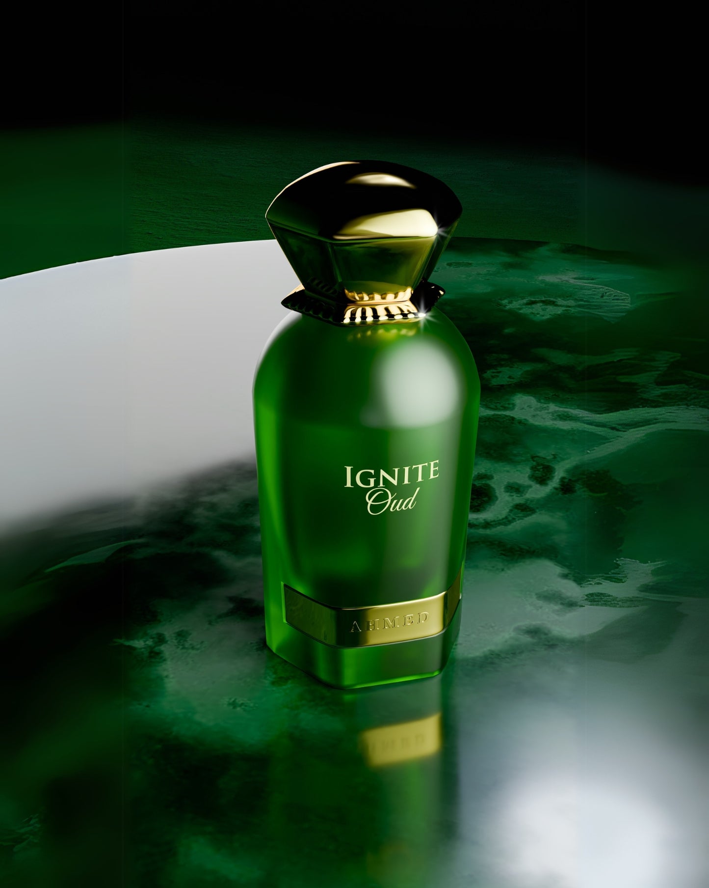 Ahmed Al Maghribi Ignite Oud green perfume bottle photograph oer reflected green marbel surface.