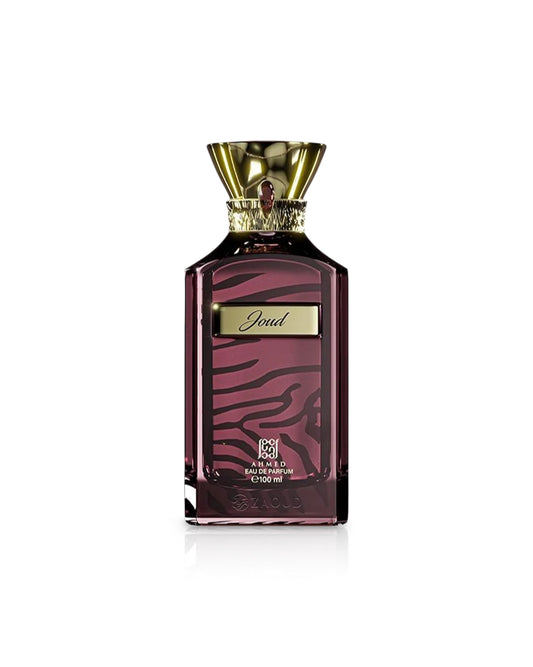 ahmed al maghribi joud Perfume bottle with gold cap and zebra pattern on a white background