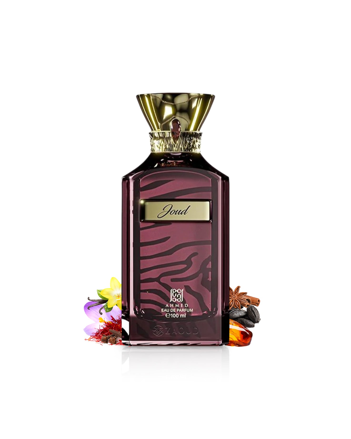 ahmed al maghribi joud Perfume bottle surrounded by fragrance notes like amber and saffron with gold cap and zebra pattern on a white background