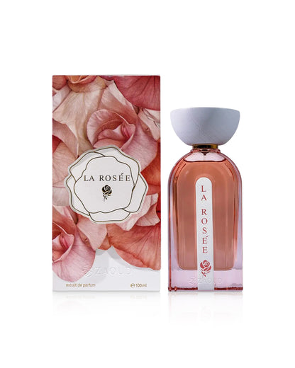 ahmed al maghribi la rosee perfume bottle shows beside its packaging against white background