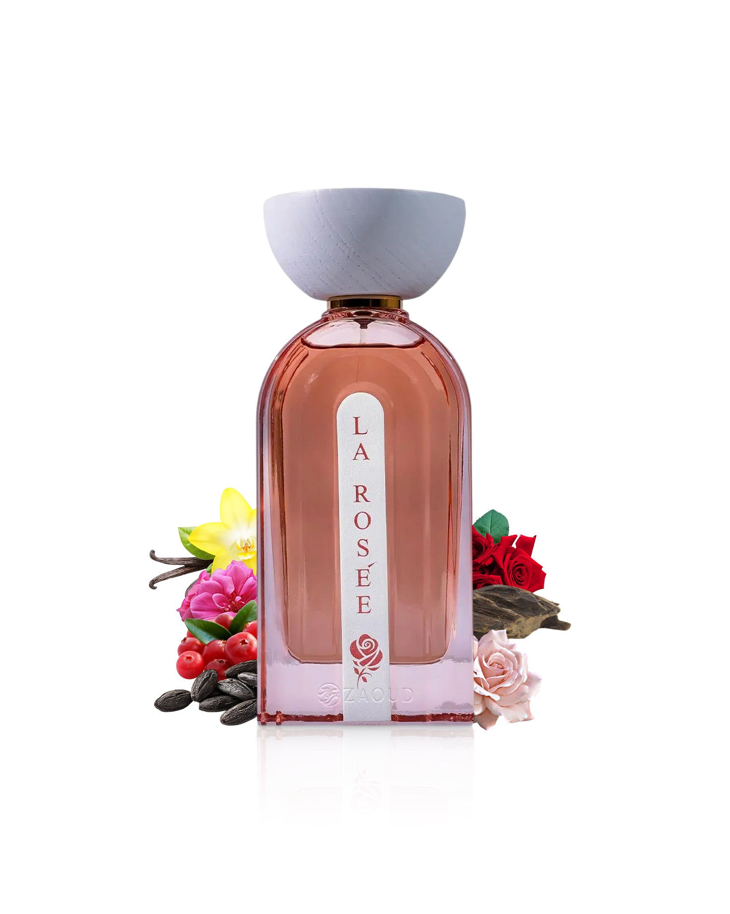 ahmed al maghribi la rosee perfume bottle surrounded by fragrance notes like roses shows against white background