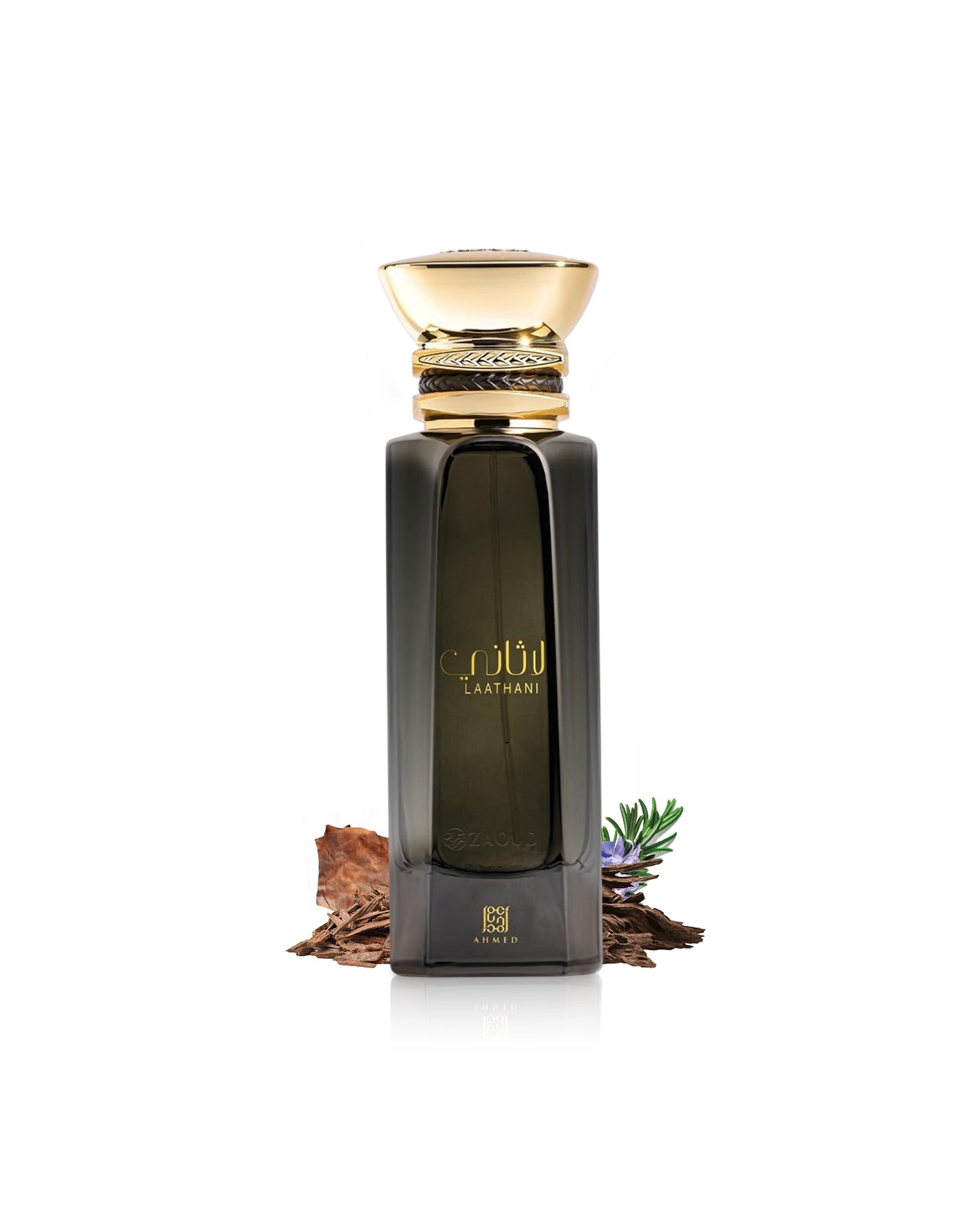 Ahmed al maghribi laathani Perfume bottle with gold cap and decorative elements like oud and leather on a white background