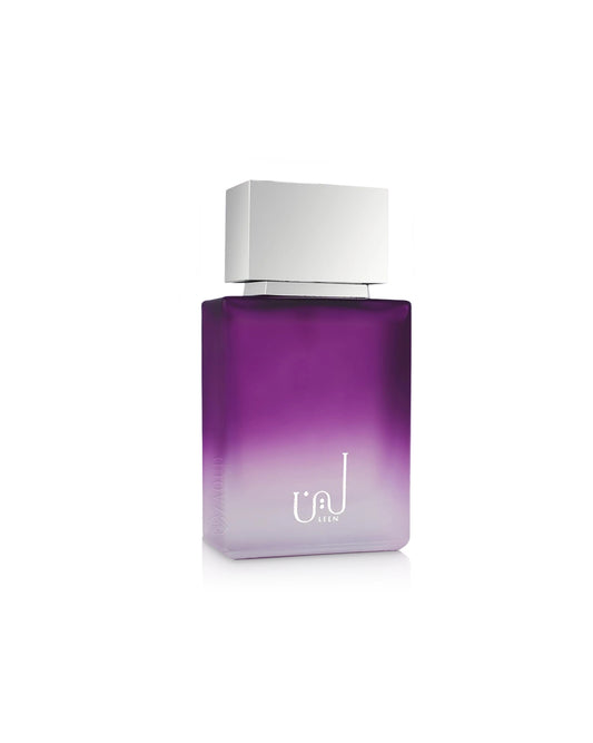 ahmed al maghribi leen Purple perfume bottle with silver cap on a white background