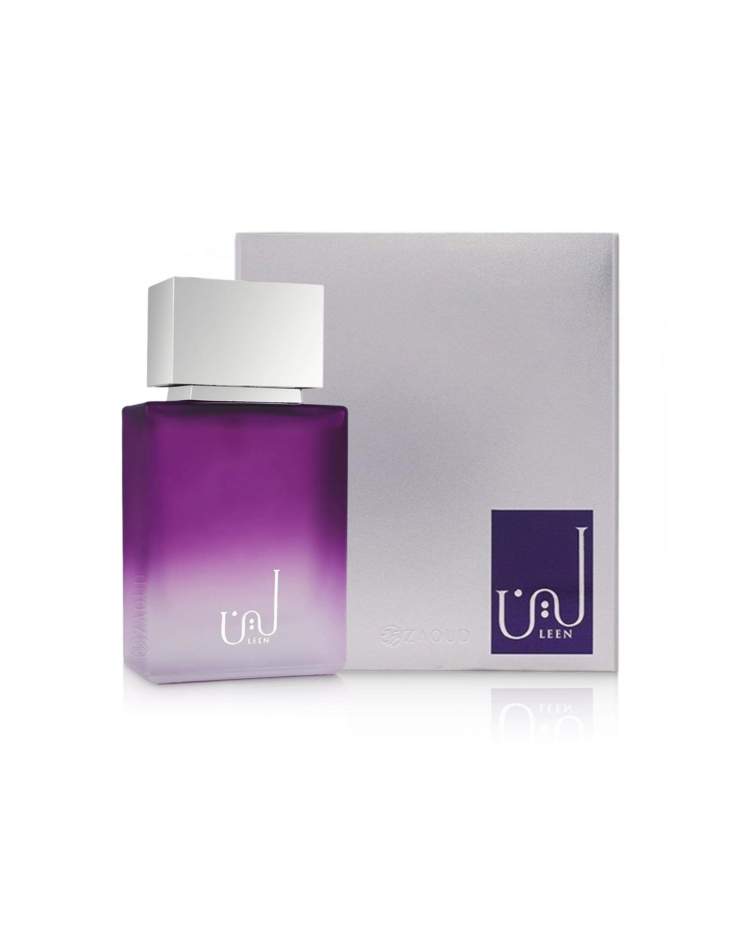 ahmed al maghribi leen Purple perfume bottle with silver cap and matching box on a white background