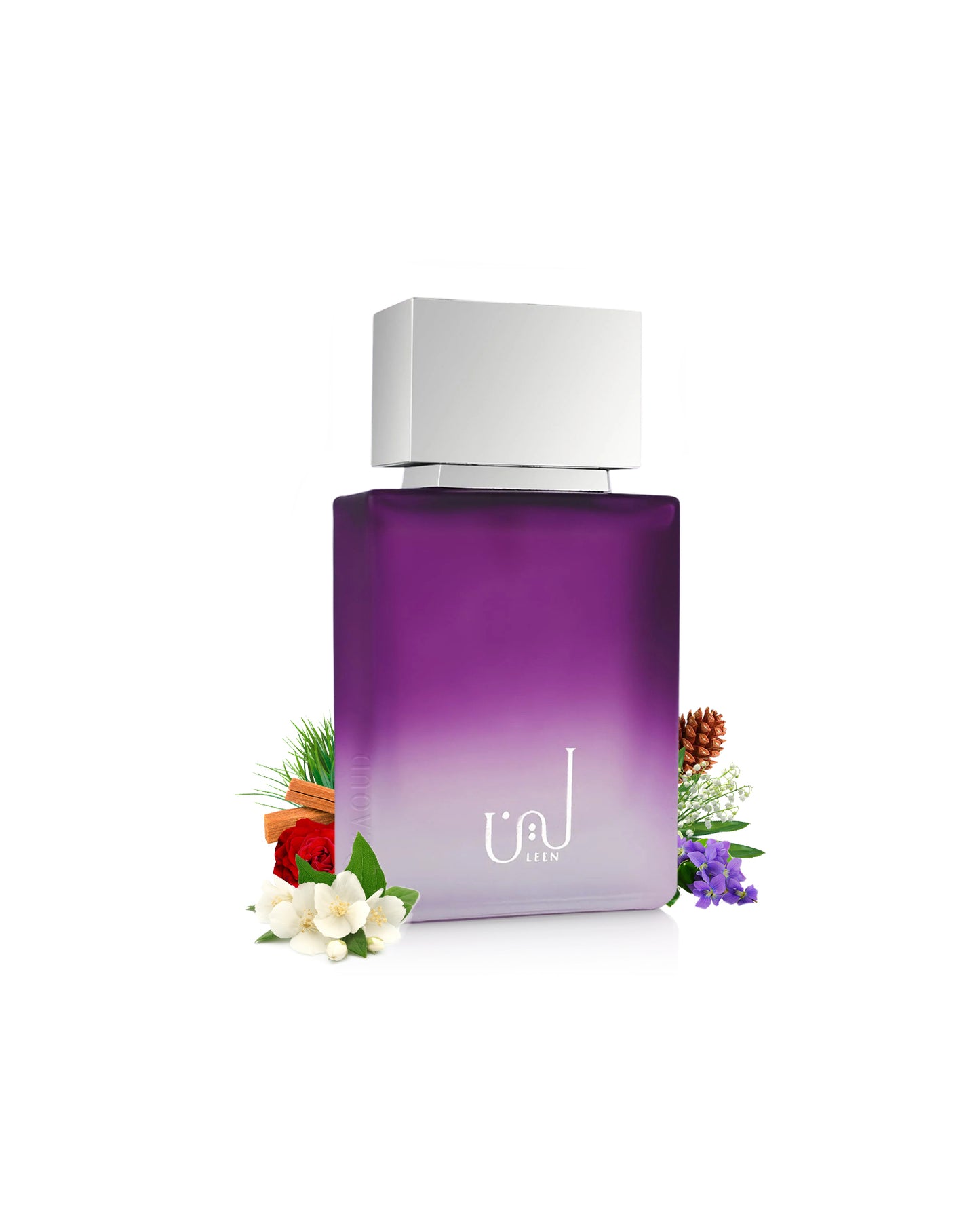 ahmed al maghribi leen Purple perfume bottle with a white cap surrounded by jasmine and rose on a white background